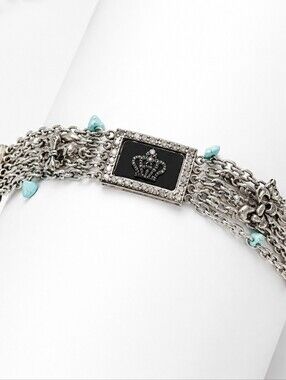 Multi-Chain Silver Statement Bracelet Rhinestone Crown Turquoise Charms Boho 8"
